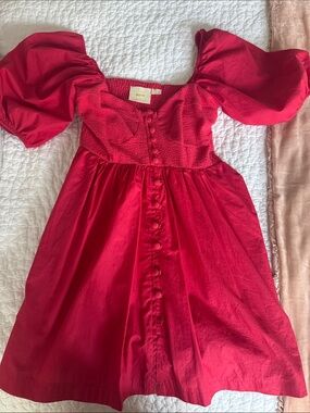 Anthropologie Red Puff-Sleeve Smocked Bodice Mini Dress